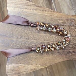 Ali Khan New York Brown Iridescent Beaded Satin Ribbon Necklace w/ Extender